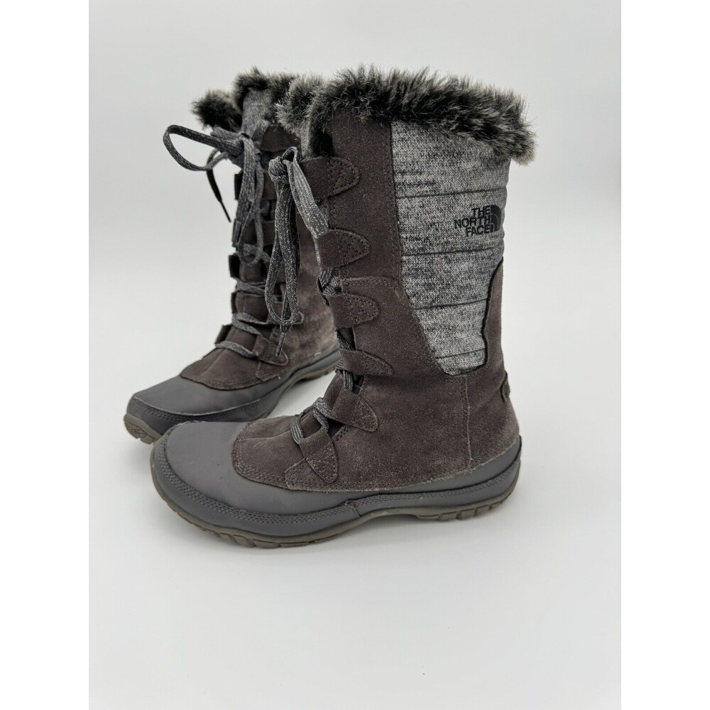 The North Face Boots Nuptse Purna Gray Suede Faux Fur Trim Mid Calf Women's 8